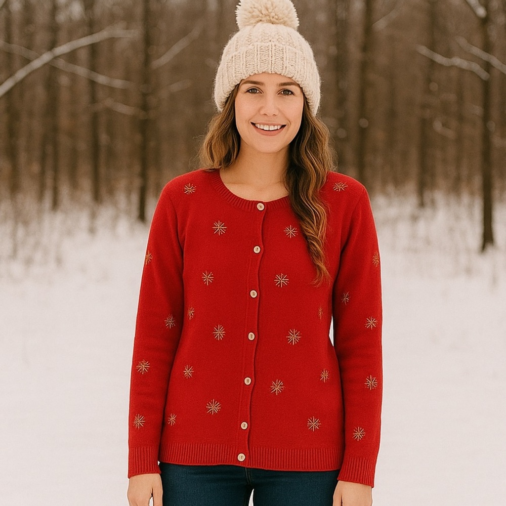 Vintage Quacker Factory red snowflakes cardigan sweater embellished beaded